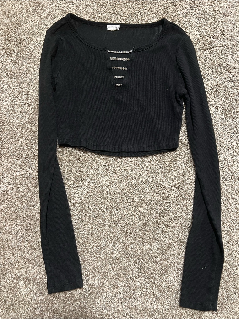 Garage Black Ribbed Long-Sleeve Cropped Top with Ladder Trim